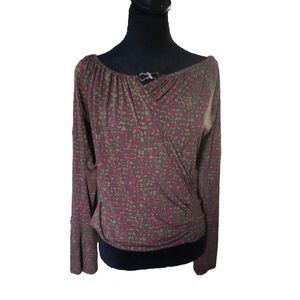 Bisou Bisou Women's M Brown Green & Pink Geometric Design Wrap Blouse